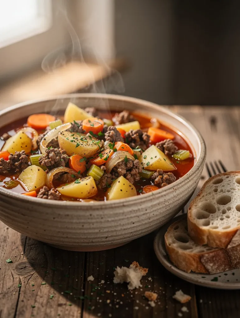 Steaming bowl of poor man's stew with ground beef, potatoes, carrots, celery, onions, and tomato broth, served with sliced crusty bread.