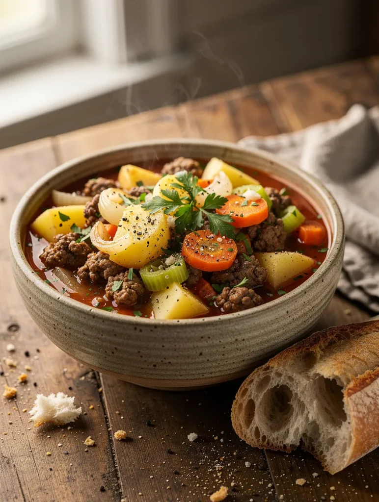 Hearty bowl of poor man's stew with ground beef, potatoes, carrots, celery, onions, and tomato broth, served with crusty artisan bread.
