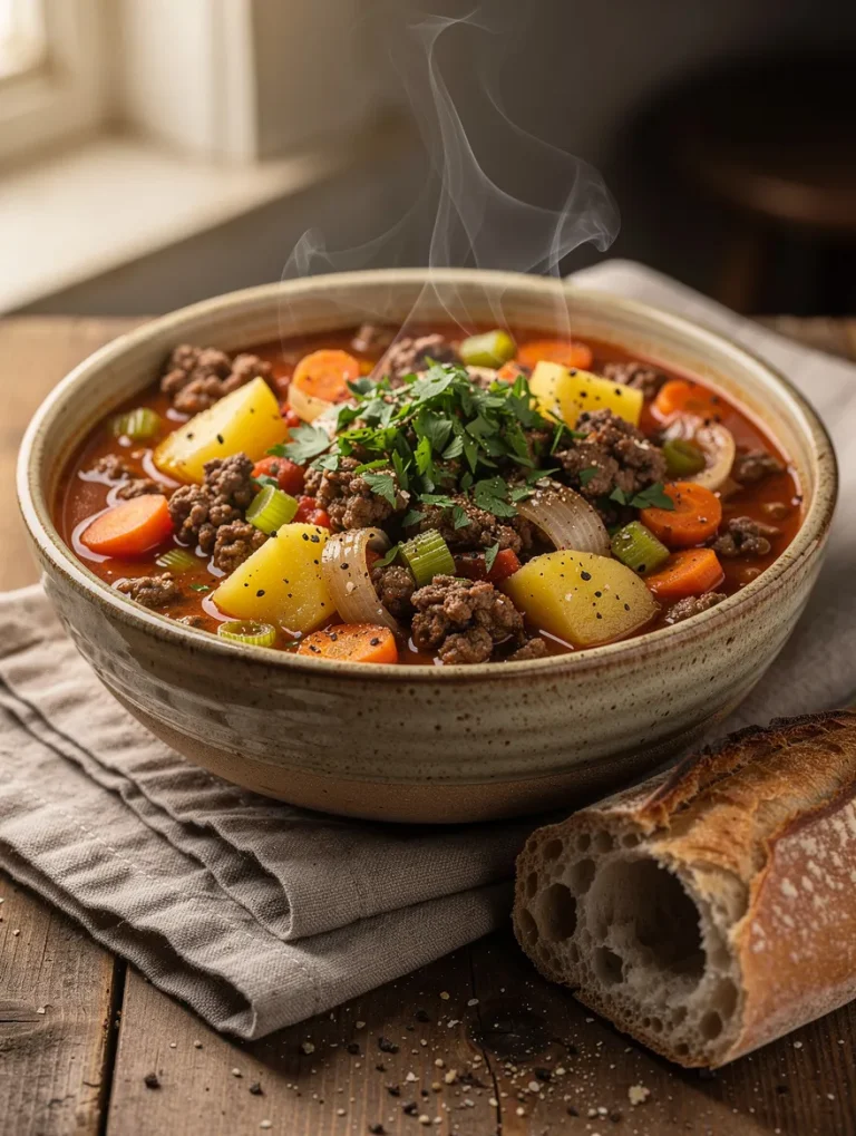 Bowl of poor man's stew made with ground beef, potatoes, carrots, celery, onions, and tomato broth, served hot with crusty bread.
