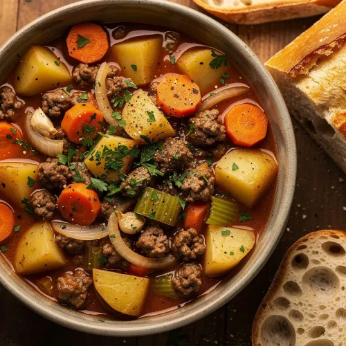 Overhead view of poor man's stew with ground beef, potatoes, carrots, celery, onions, and tomato broth, served with crusty bread.