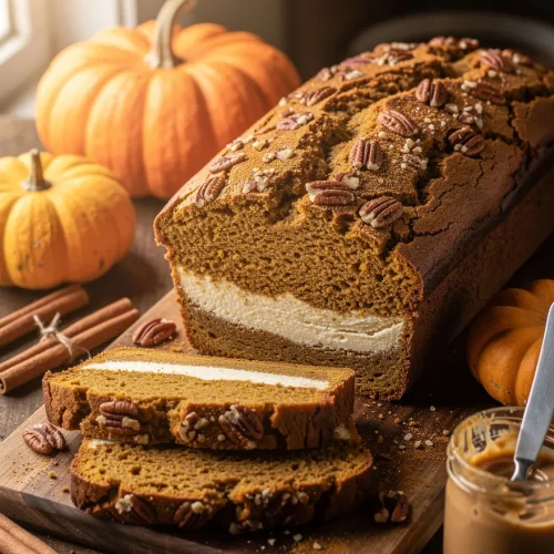 Pumpkin cream cheese bread with a smooth cream cheese swirl, crunchy pecan topping, and sliced pieces on a wooden cutting board surrounded by pumpkins, cinnamon sticks, and a jar of caramel.