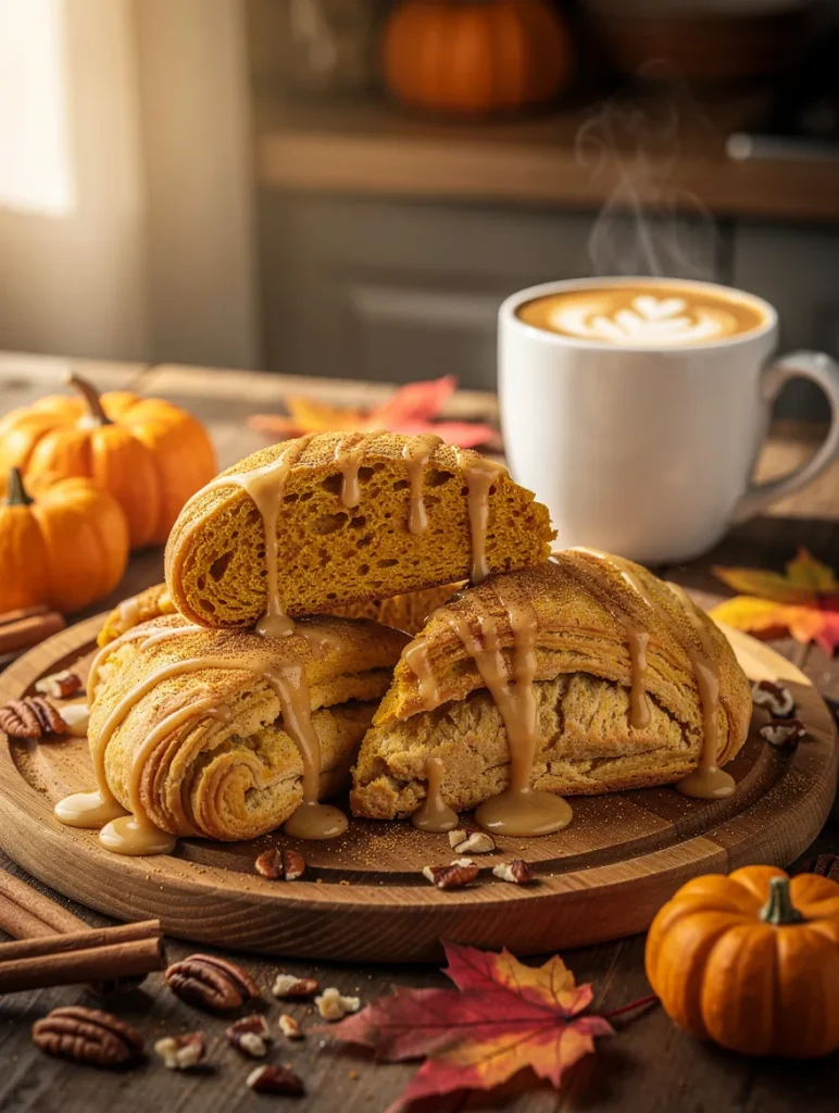 Pumpkin scones with maple glaze served on a rustic wooden board with coffee, mini pumpkins, pecans, cinnamon sticks, and autumn leaves.