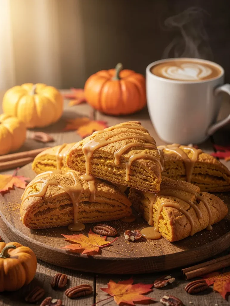 Pumpkin scones drizzled with maple glaze served with coffee, mini pumpkins, pecans, cinnamon sticks, and autumn leaves on a rustic wooden board.