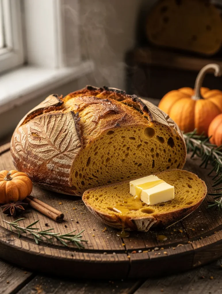 Freshly baked pumpkin sourdough bread with artisan leaf scoring, served with butter and honey on a sliced piece, surrounded by mini pumpkins, rosemary, and cinnamon sticks.