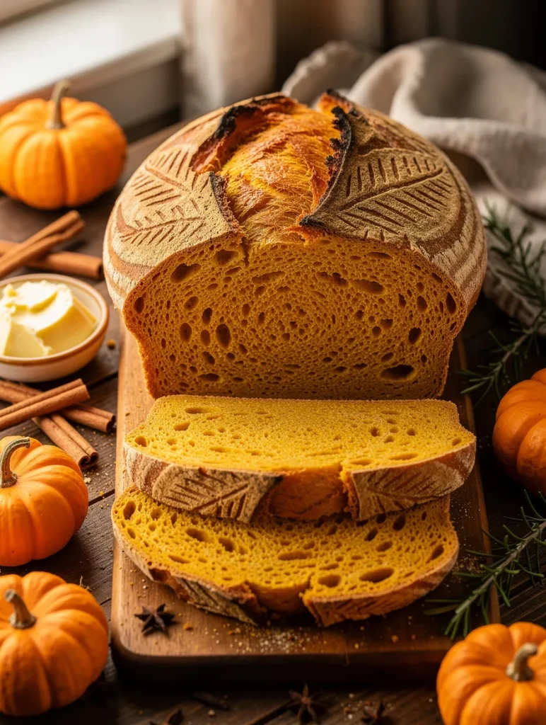 Rustic pumpkin sourdough bread with decorative leaf scoring and vibrant orange crumb, sliced on a wooden board with mini pumpkins, butter, cinnamon sticks, and fresh rosemary.