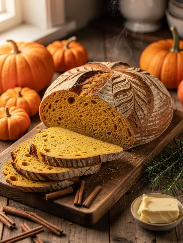 Rustic pumpkin sourdough bread with decorative scoring, sliced on a wooden board and served with butter, surrounded by mini pumpkins and cinnamon sticks.