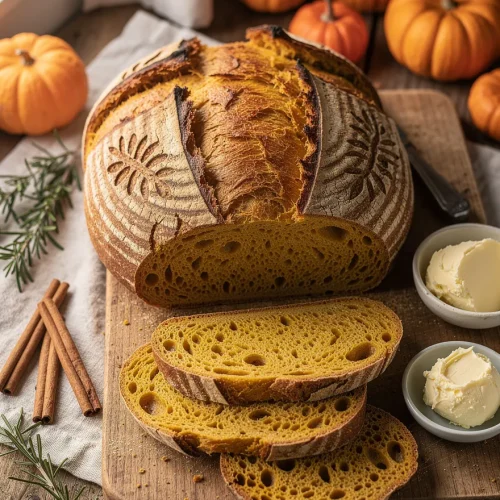 Artisan pumpkin sourdough bread with decorative scoring and golden pumpkin crumb, sliced on a wooden board with butter, rosemary, cinnamon sticks, and mini pumpkins.