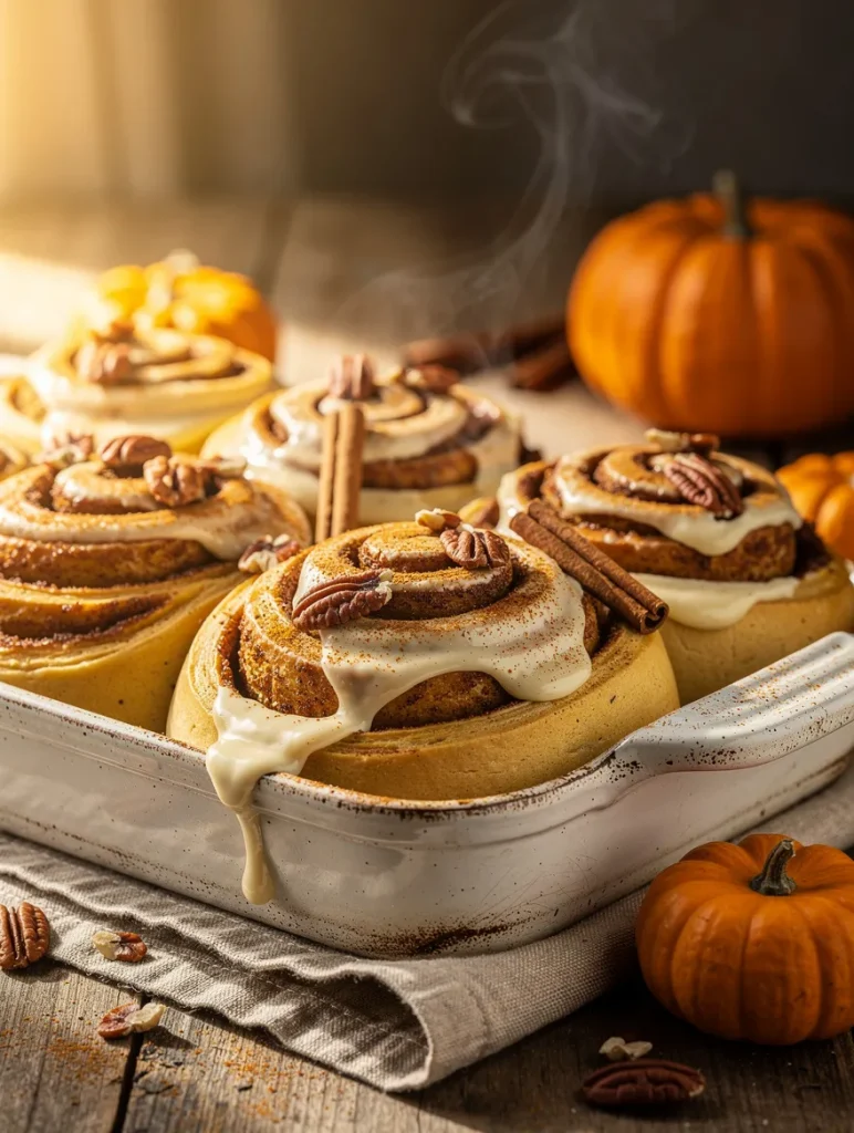 Warm pumpkin spice cinnamon rolls with cream cheese frosting, pecans, and cinnamon sticks baked in a white ceramic dish, surrounded by mini pumpkins for a cozy fall breakfast.
