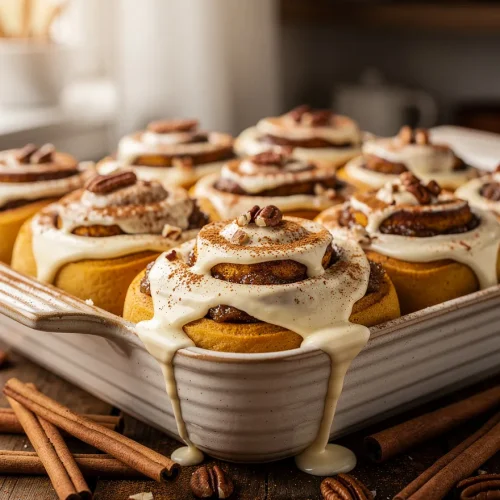 Freshly baked pumpkin spice cinnamon rolls with thick cream cheese frosting and chopped pecans in a rustic ceramic baking dish, surrounded by cinnamon sticks and pecans on a wooden table.