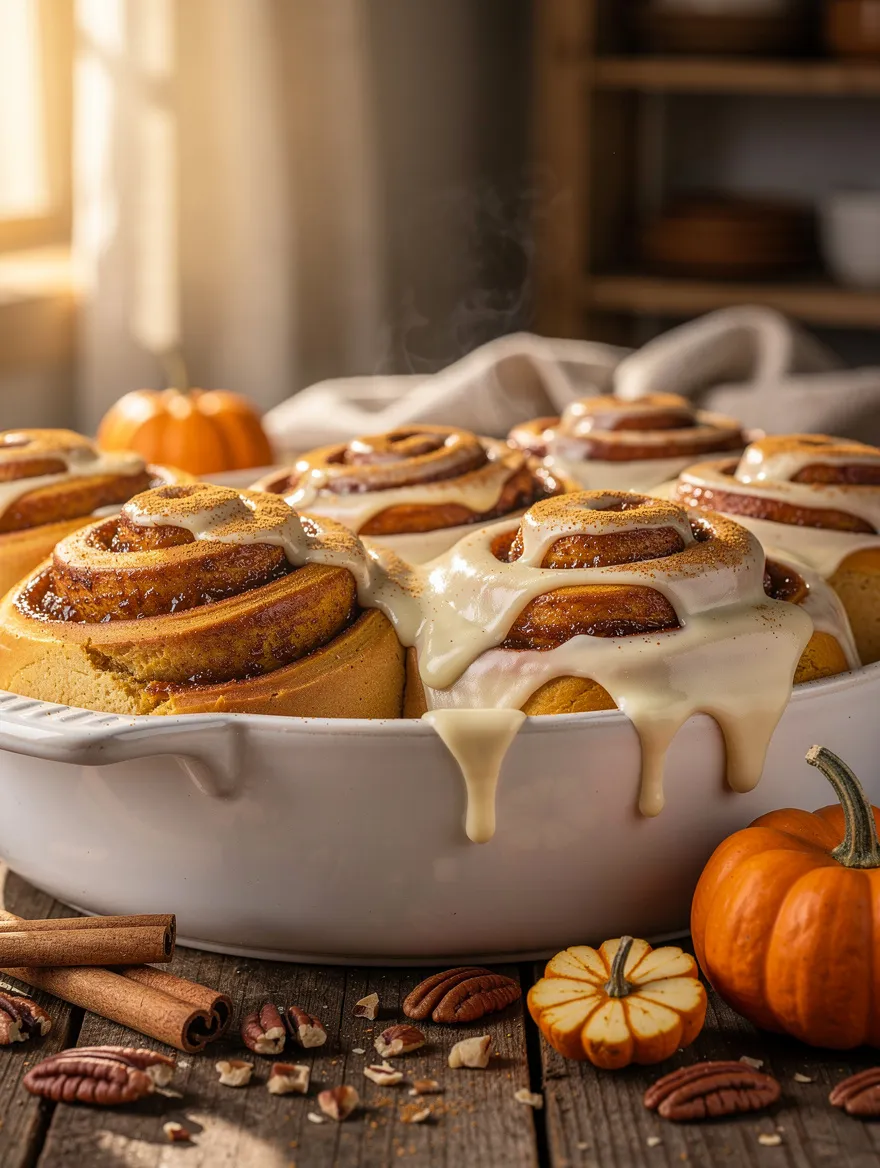 Freshly baked pumpkin spice cinnamon rolls topped with thick cream cheese frosting in a white baking dish, surrounded by mini pumpkins, cinnamon sticks, and pecans on a rustic wooden table.