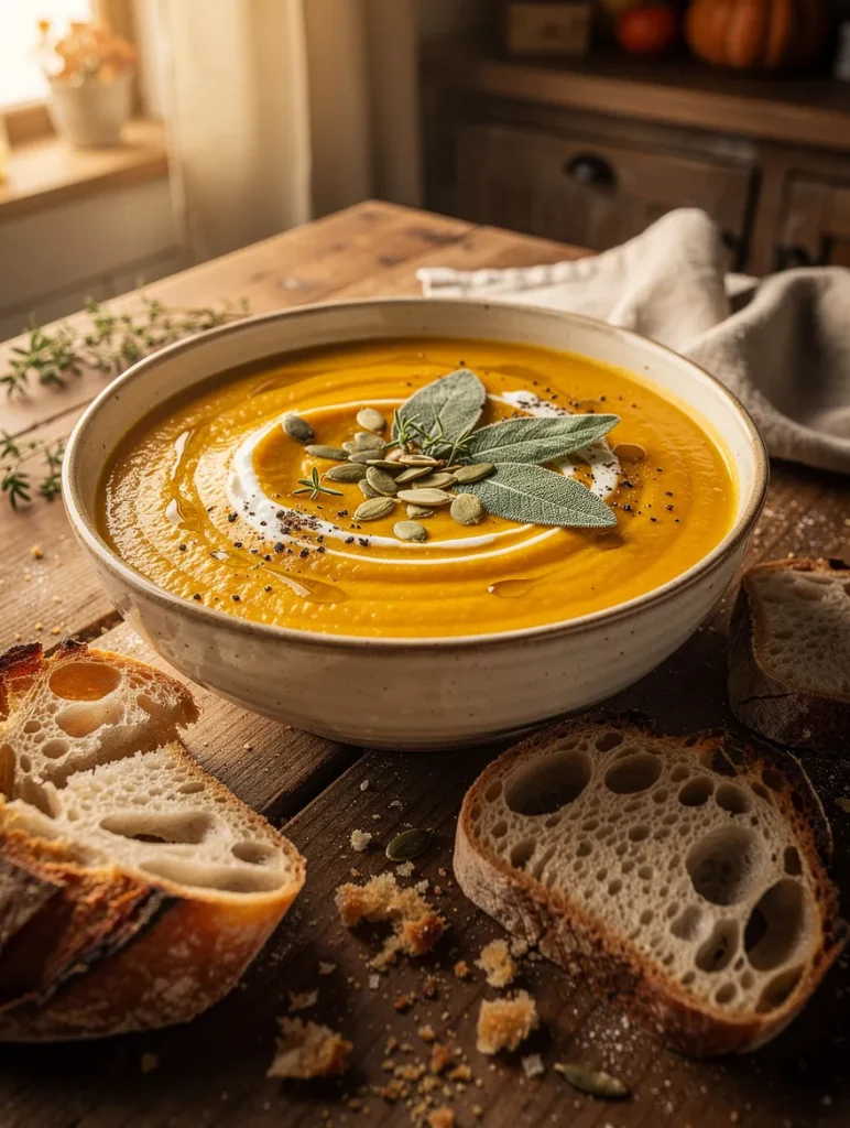 Creamy roasted apple pumpkin soup topped with sour cream, pumpkin seeds, fresh sage, and thyme, served with crusty artisan bread.