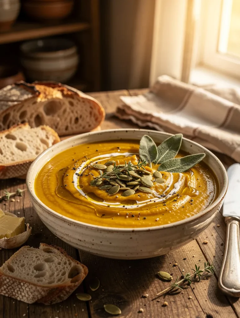 Creamy roasted apple pumpkin soup garnished with pumpkin seeds, fresh sage, thyme, sour cream, and olive oil, served with rustic sourdough bread.