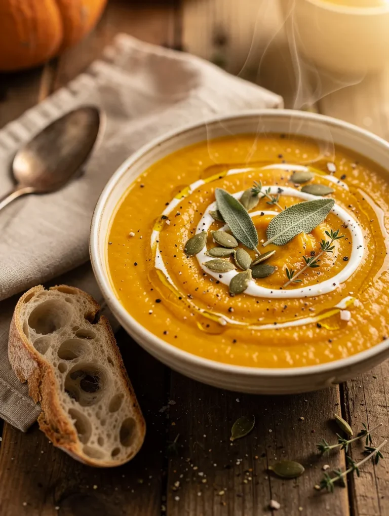 Creamy roasted apple pumpkin soup garnished with sour cream, pumpkin seeds, fresh sage, thyme, and olive oil, served with rustic artisan bread.
