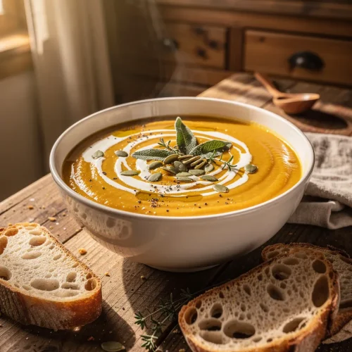 Creamy roasted apple pumpkin soup topped with pumpkin seeds, fresh sage, rosemary, sour cream, and olive oil, served with rustic artisan bread on a wooden table.