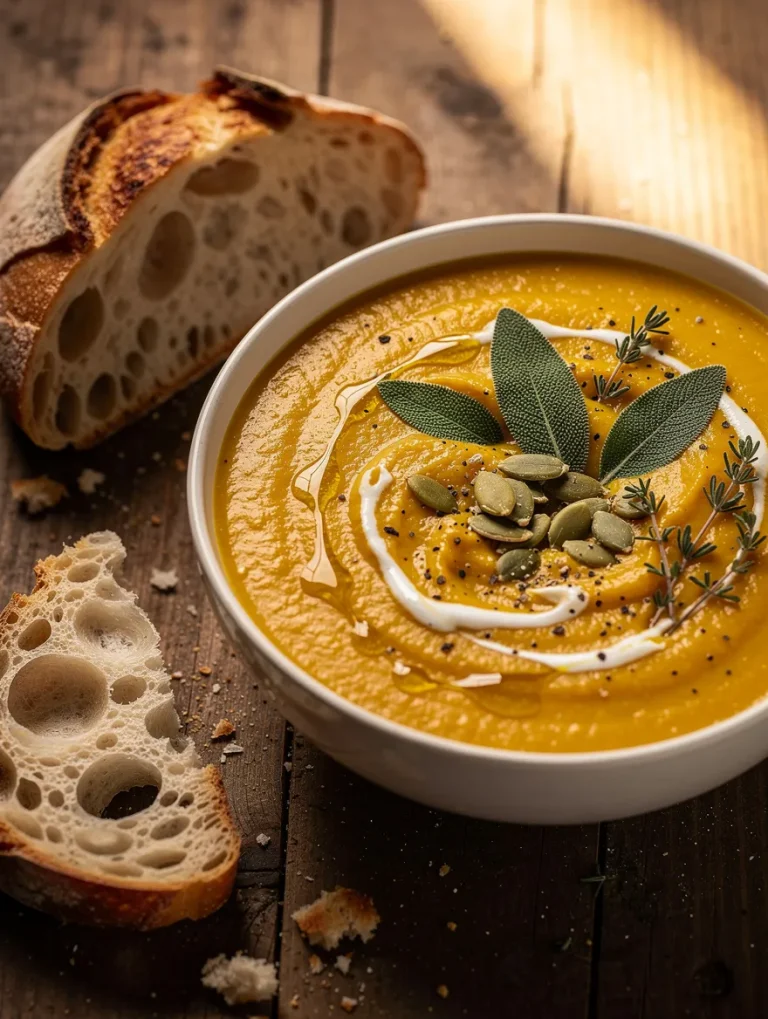 Roasted butternut squash soup with apple, pumpkin seeds, fresh sage, cream swirl, and crusty artisan sourdough bread on a rustic wooden table.