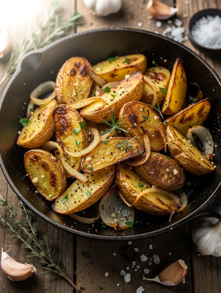 Golden roasted potatoes and caramelized onions cooked in a cast iron skillet with fresh rosemary, garlic, parsley, and coarse sea salt.