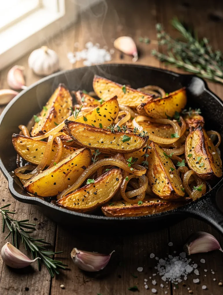 Golden roasted potato wedges and caramelized onions in a cast iron skillet with fresh rosemary, garlic, thyme, and cracked black pepper.