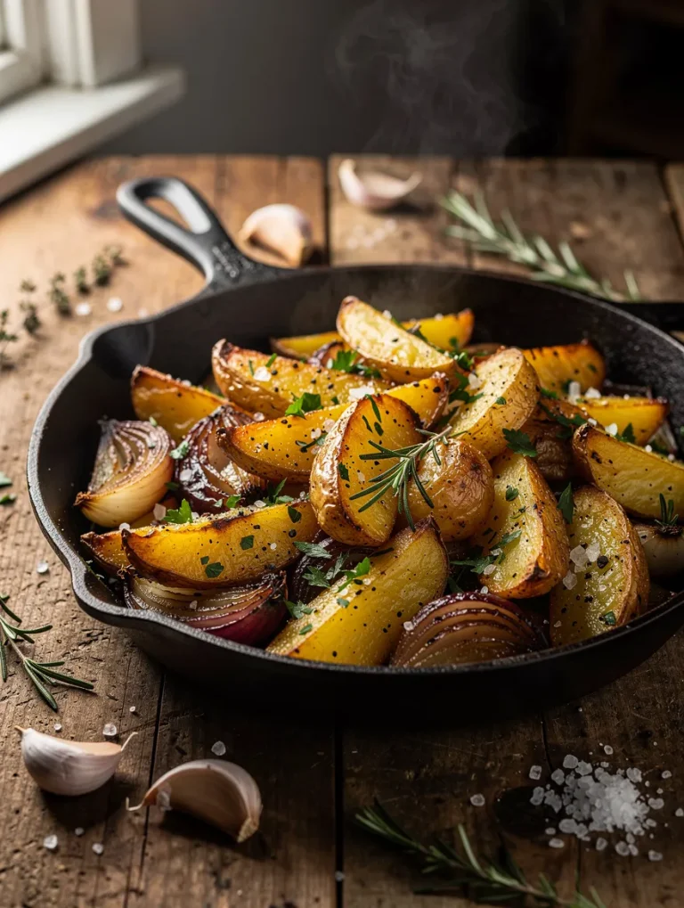 Roasted potatoes and onions in a cast iron skillet with garlic, rosemary, parsley, and coarse sea salt on a rustic wooden table.