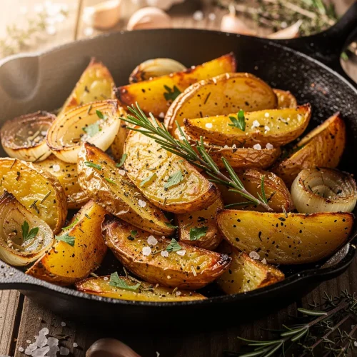 Crispy roasted potatoes and caramelized onions in a cast iron skillet seasoned with fresh rosemary, garlic, parsley, sea salt, and black pepper.