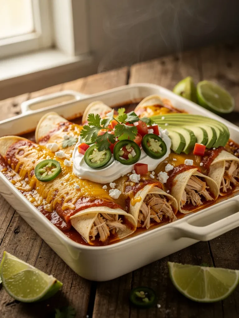 Rotisserie Chicken Enchiladas baked with red enchilada sauce, melted cheddar cheese, sour cream, avocado, jalapeños, cilantro, and diced tomatoes.