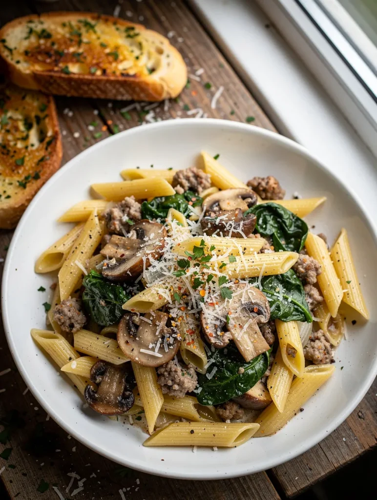 Sausage spinach pasta with penne, Italian sausage, sautéed mushrooms, fresh spinach, Parmesan cheese, and garlic bread on the side.