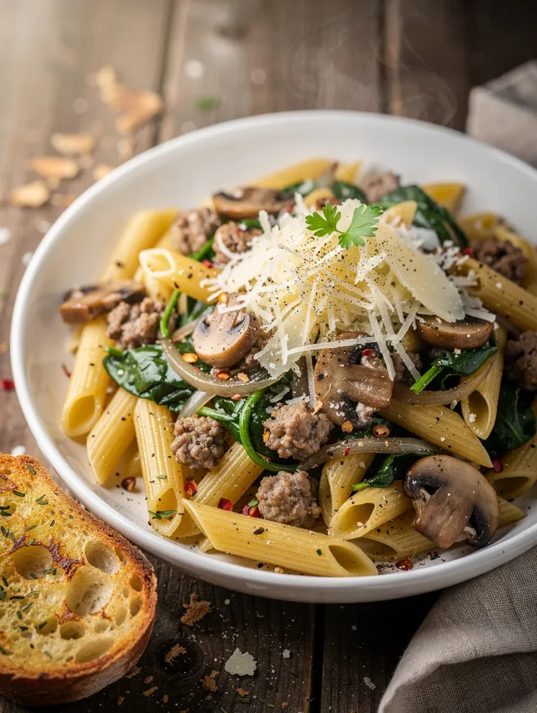 Sausage spinach pasta with penne, Italian sausage, sautéed mushrooms, spinach, onions, shaved Parmesan cheese, and garlic bread.