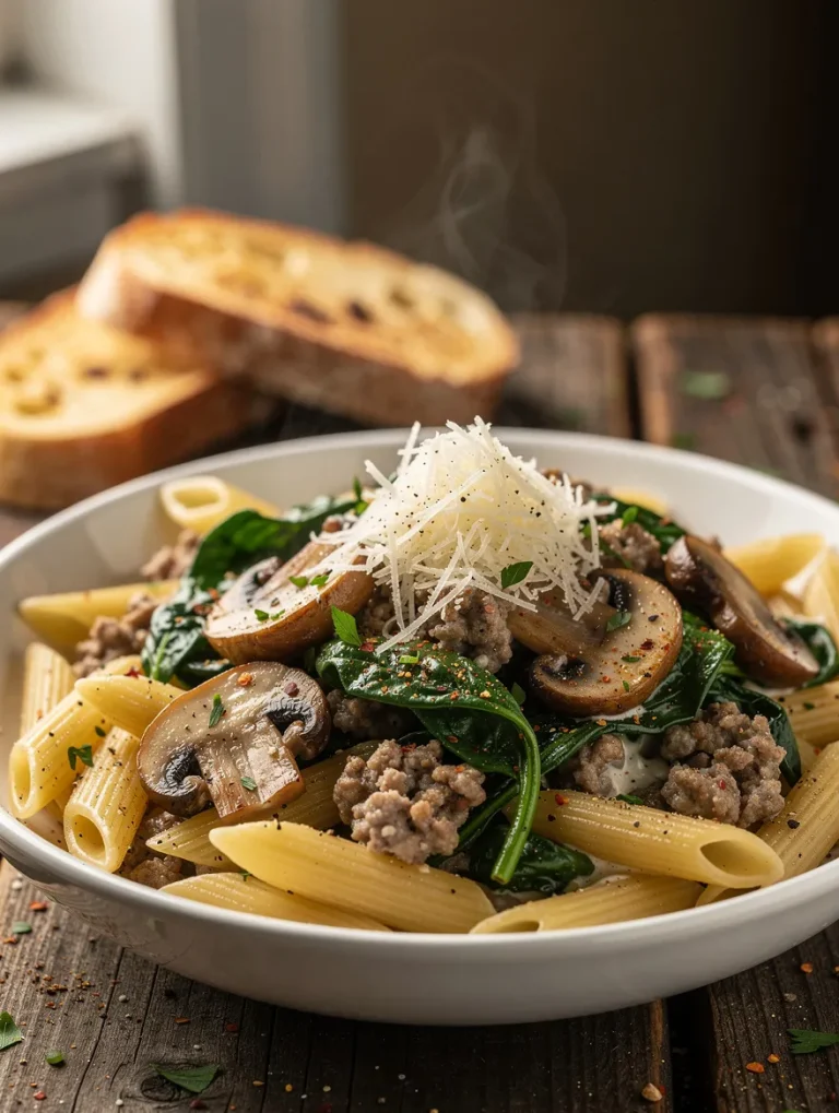 Sausage spinach pasta with penne, sautéed mushrooms, Italian sausage, fresh spinach, Parmesan cheese, and red pepper flakes in a white bowl.