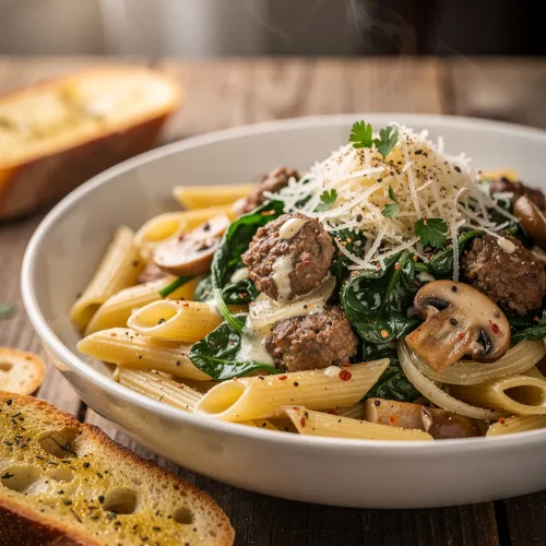 Sausage spinach pasta with penne, Italian sausage, mushrooms, spinach, creamy Parmesan sauce, shaved Parmesan, and garlic bread.