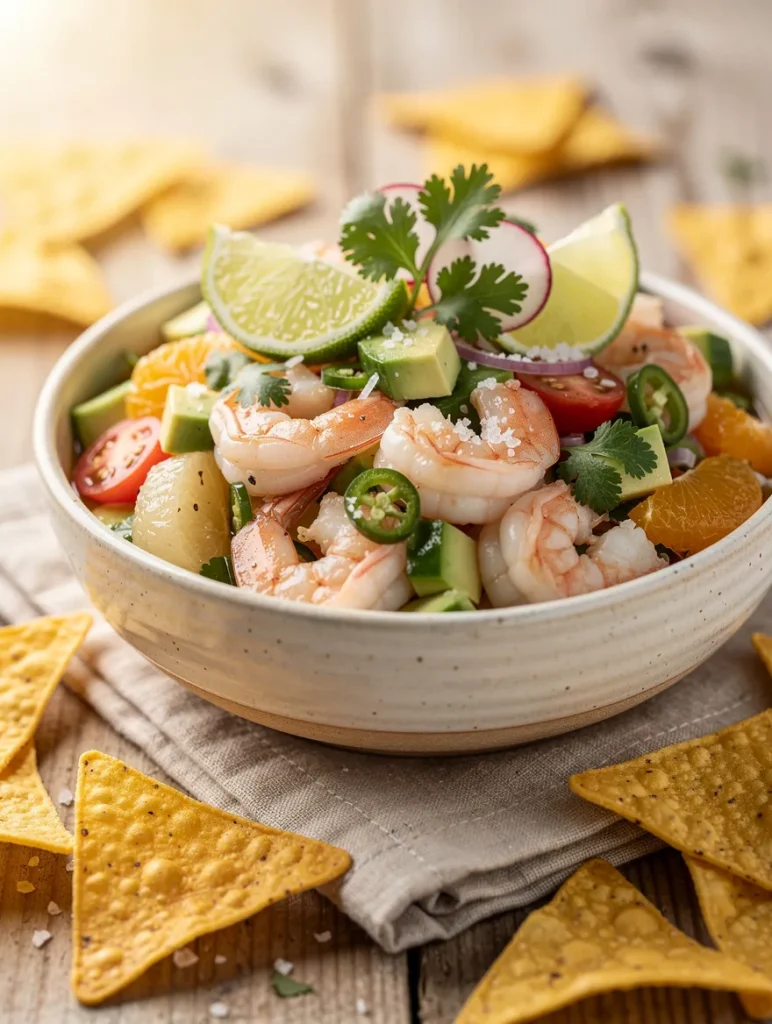 Shrimp and scallop ceviche with avocado, cucumber, cherry tomatoes, jalapeños, citrus segments, cilantro, lime wedges, and tortilla chips.