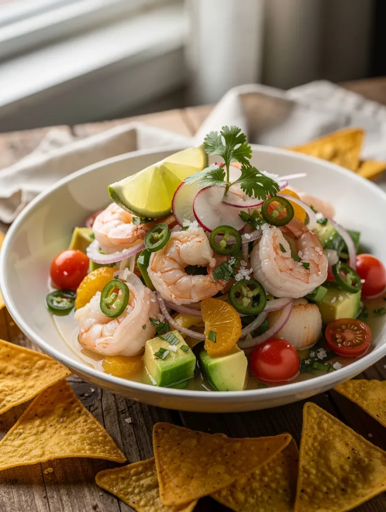 Shrimp and scallop ceviche with avocado, cherry tomatoes, red onion, jalapeños, citrus segments, cilantro, lime, and tortilla chips.