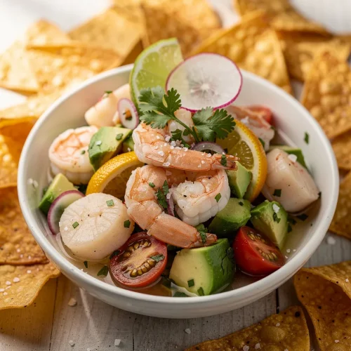 Shrimp and scallop ceviche with avocado, cherry tomatoes, radish, citrus slices, cilantro, lime, and crispy tortilla chips.