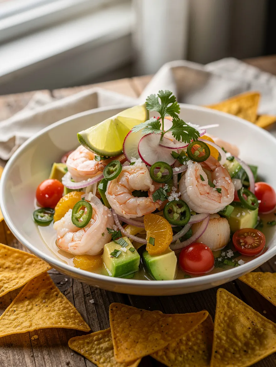 Shrimp and scallop ceviche with avocado, cherry tomatoes, red onion, jalapeños, citrus segments, cilantro, lime, and tortilla chips.