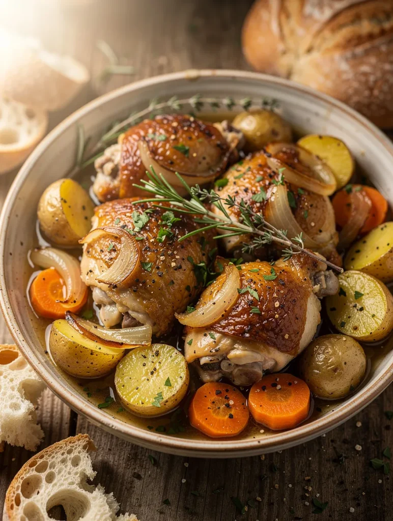 Slow cooker chicken thighs with baby potatoes, carrots, onions, and fresh rosemary in a savory broth, served with rustic artisan bread.