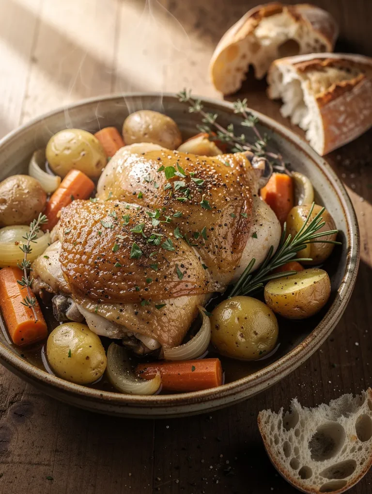 Slow cooker chicken thighs with baby potatoes, carrots, onions, and fresh herbs in a savory broth, served with rustic crusty bread.
