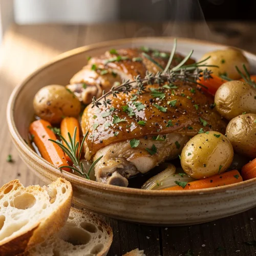 Slow cooker chicken thighs with baby potatoes, carrots, onions, and fresh rosemary in a savory broth, served with crusty artisan bread.
