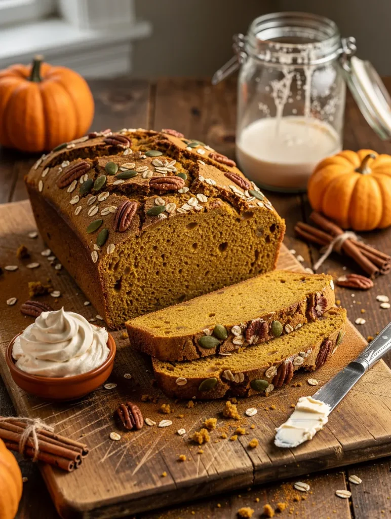 Sourdough discard pumpkin bread topped with pumpkin seeds, oats, and pecans, sliced on a wooden cutting board and served with whipped cinnamon butter for a cozy fall snack.
