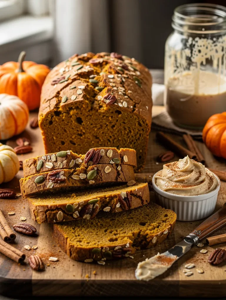 Sourdough discard pumpkin bread topped with pumpkin seeds, oats, and pecans, sliced on a wooden board and served with cinnamon butter for a cozy fall breakfast.