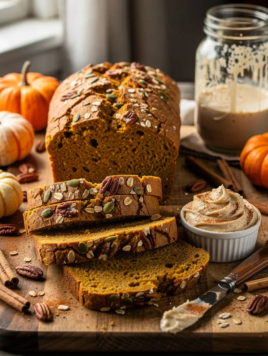 Sourdough discard pumpkin bread topped with pumpkin seeds, oats, and pecans, sliced on a wooden board and served with cinnamon butter for a cozy fall breakfast.
