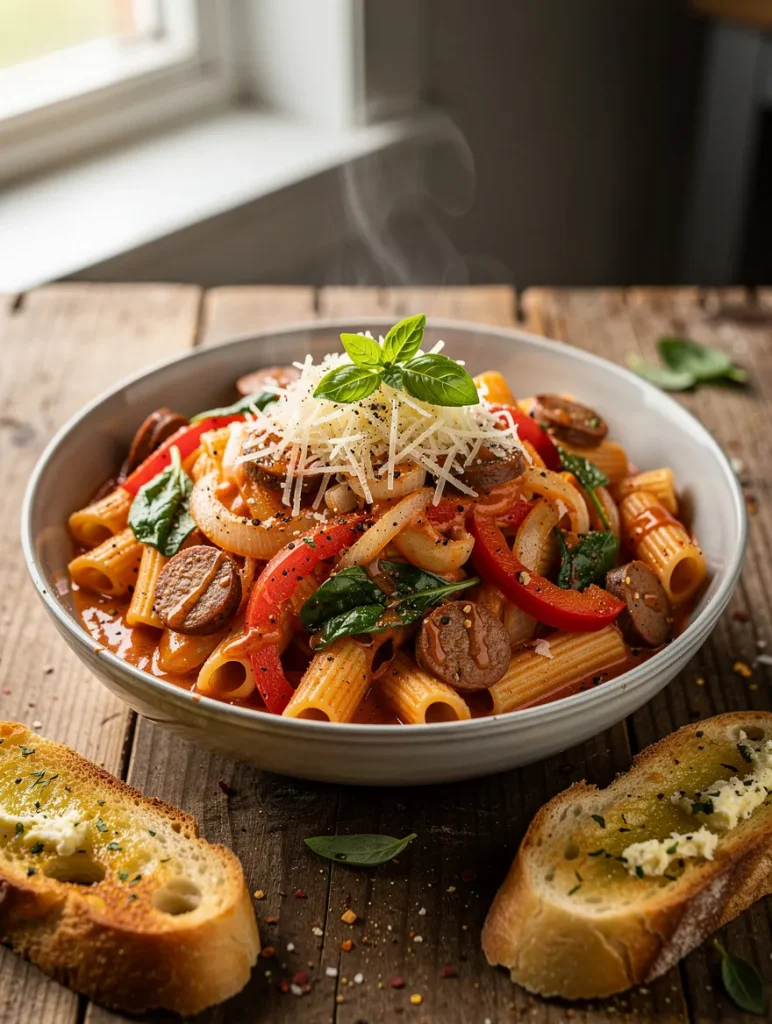 Spicy Italian sausage rigatoni pasta with tomato sauce, bell peppers, onions, spinach, Parmesan cheese, and garlic bread on a rustic wooden table.