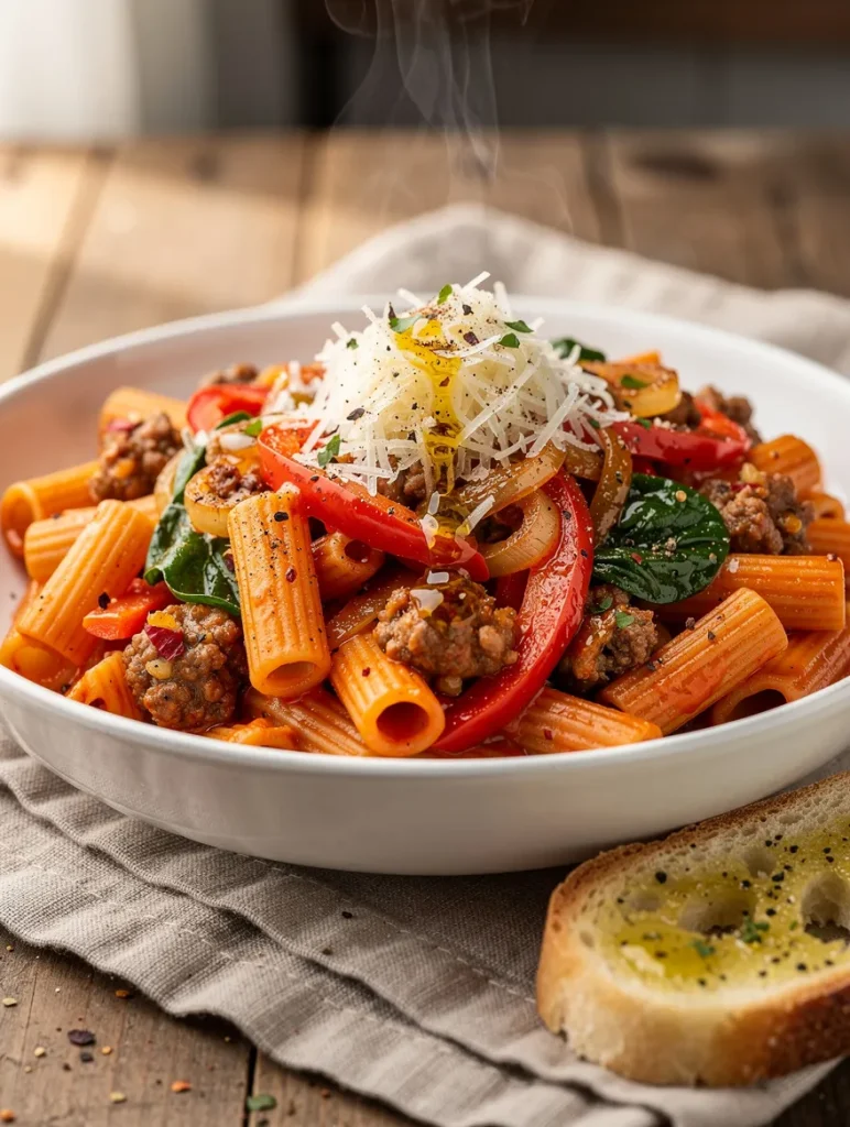 Steaming spicy Italian sausage pasta with rigatoni, tomato sauce, bell peppers, spinach, Parmesan cheese, and garlic bread served on the side.