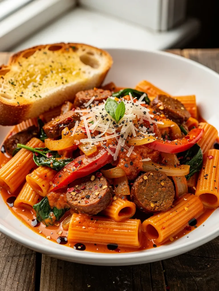 Spicy Italian sausage pasta with rigatoni, spinach, bell peppers, onions, tomato sauce, and grated Parmesan cheese served with toasted garlic bread.