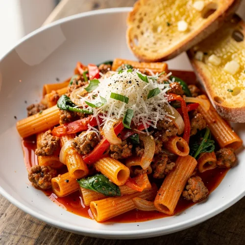 Spicy Italian sausage pasta recipe with rigatoni, crumbled sausage, spinach, onions, bell peppers, Parmesan cheese, and garlic bread.