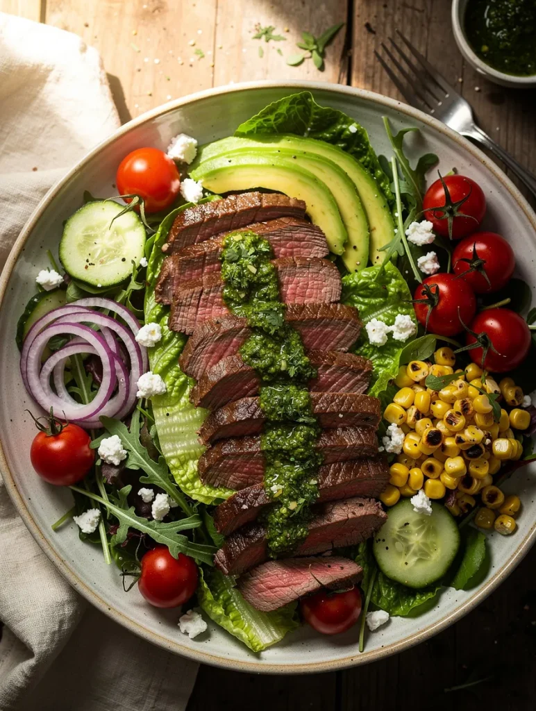 Steak chimichurri salad with sliced grilled steak, avocado, grilled corn, cherry tomatoes, cucumber, red onion, feta cheese, and fresh greens.