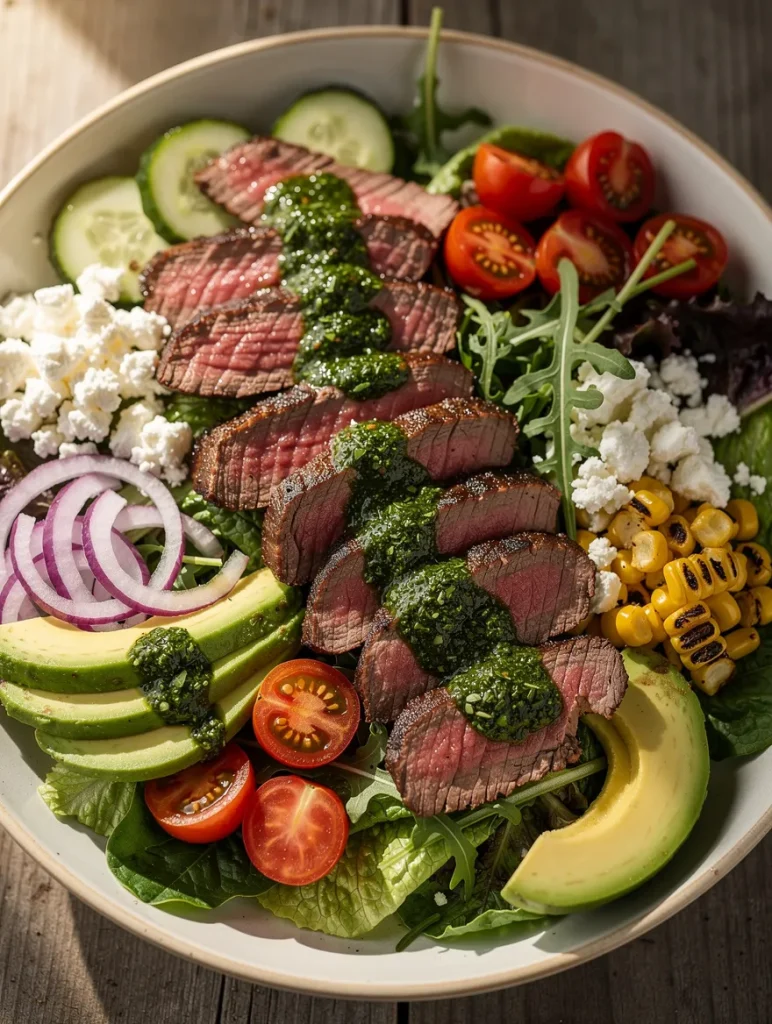 Steak chimichurri salad with grilled steak, avocado, cherry tomatoes, grilled corn, cucumber, feta cheese, red onion, and fresh chimichurri dressing.