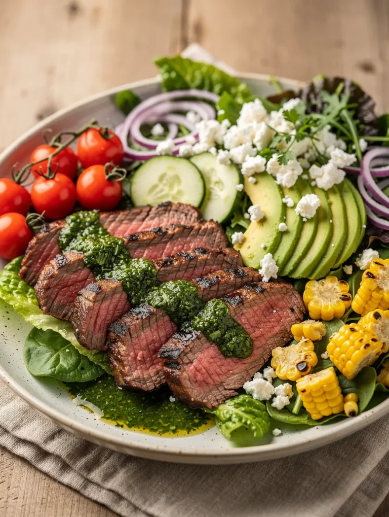 Steak chimichurri salad with grilled sliced steak, avocado, grilled corn, cucumber, cherry tomatoes, feta cheese, and fresh chimichurri dressing.