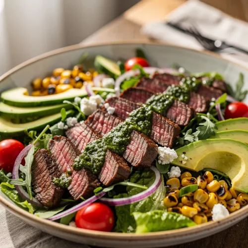 Steak chimichurri salad with sliced grilled steak, avocado, grilled corn, cherry tomatoes, red onion, feta cheese, and homemade chimichurri sauce.