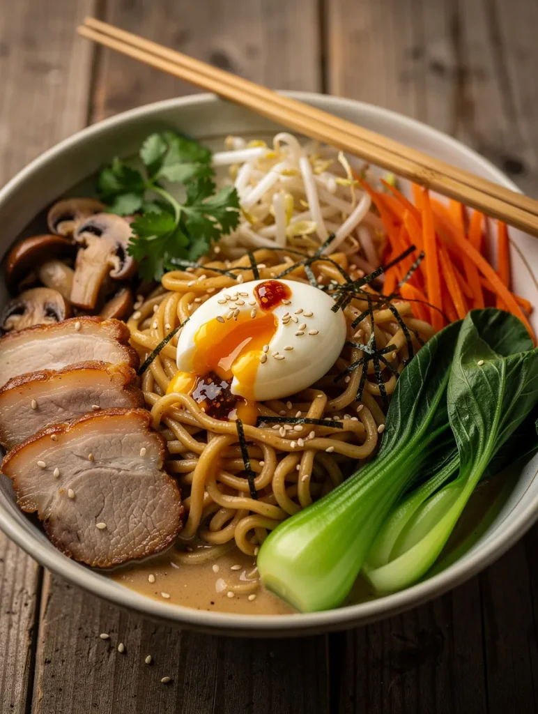 Stir fry tonkotsu ramen with sliced pork, soft-boiled egg, bok choy, mushrooms, bean sprouts, carrots, and sesame seeds in a savory broth.
