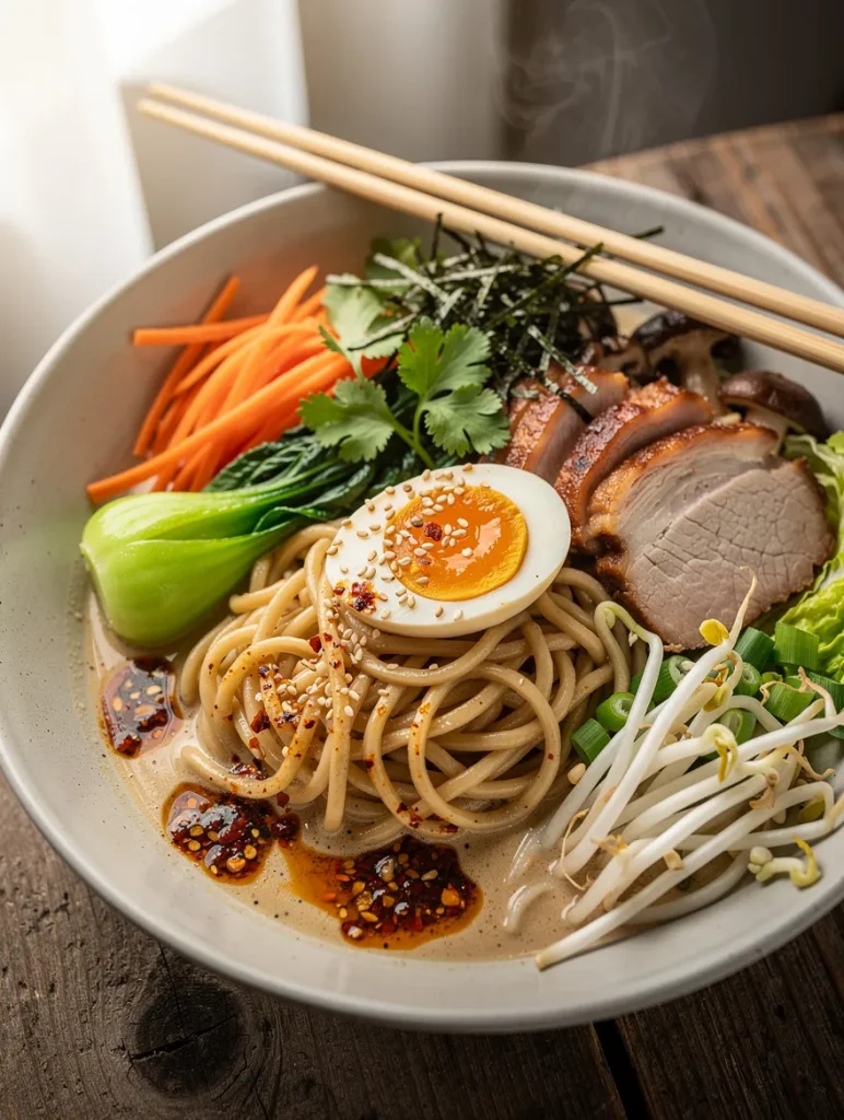 Stir fry tonkotsu ramen with sliced pork, soft-boiled egg, bok choy, bean sprouts, carrots, mushrooms, chili oil, and sesame seeds in a creamy broth.