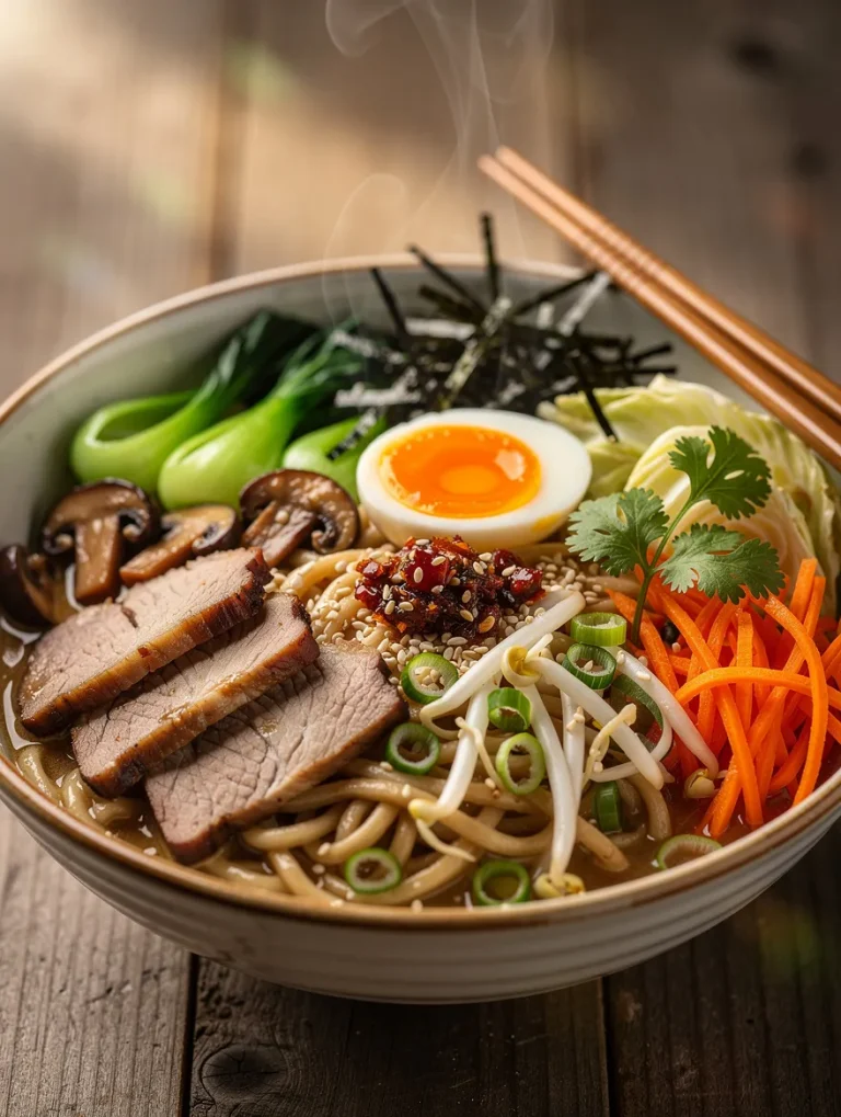 Stir fry tonkotsu ramen with sliced pork, soft-boiled egg, bok choy, mushrooms, bean sprouts, carrots, cabbage, and sesame seeds in a rich broth.