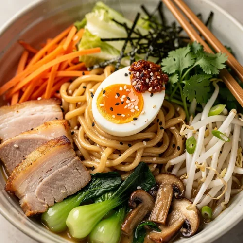 Stir fry tonkotsu ramen with sliced pork belly, soft-boiled egg, bok choy, mushrooms, bean sprouts, carrots, chili paste, and sesame seeds in a rich broth.